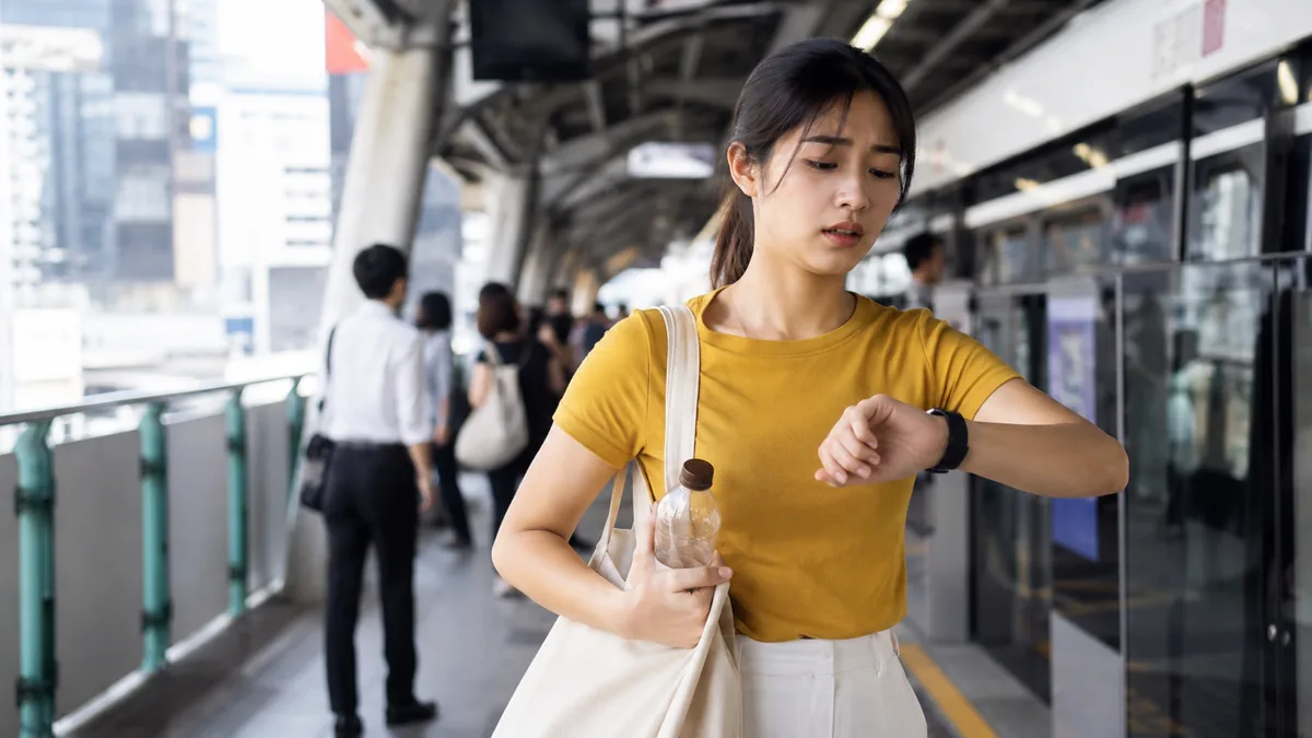 หญิงสาวไทยรีบเดินทางด้วยรถไฟฟ้าและเช็กเวลา