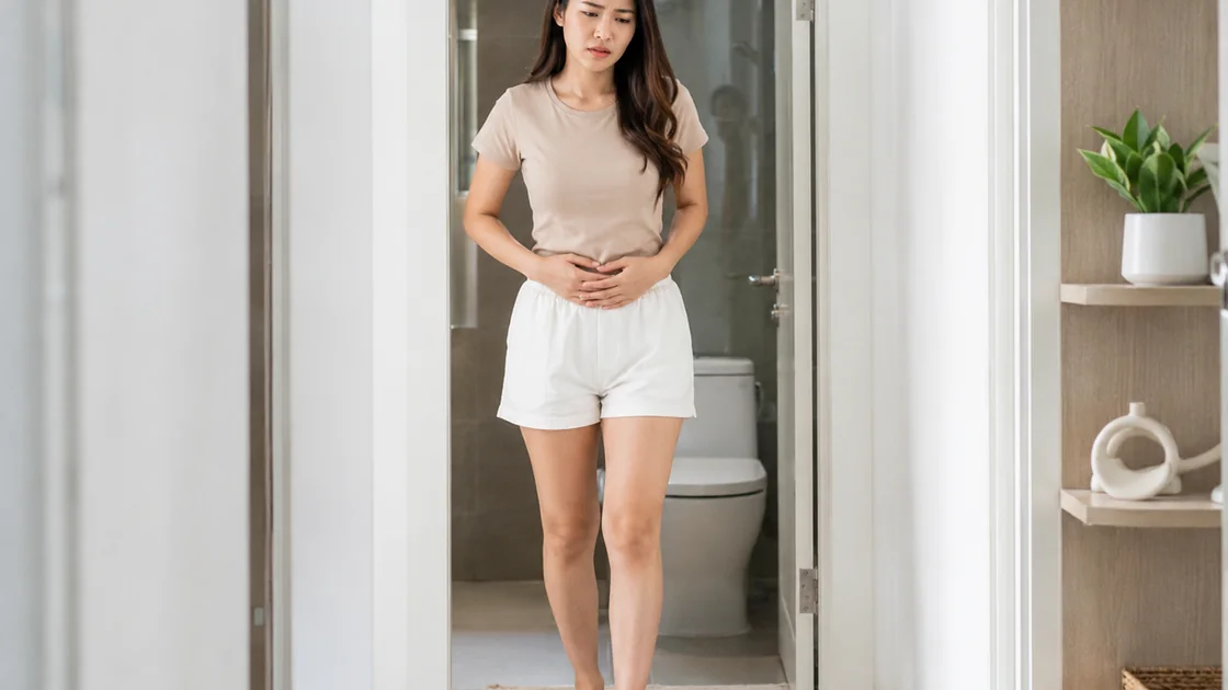 หญิงไทยสังเกตอาการไม่สบายท้องในห้องน้ำก่อนเลือกแนวทางดูแล