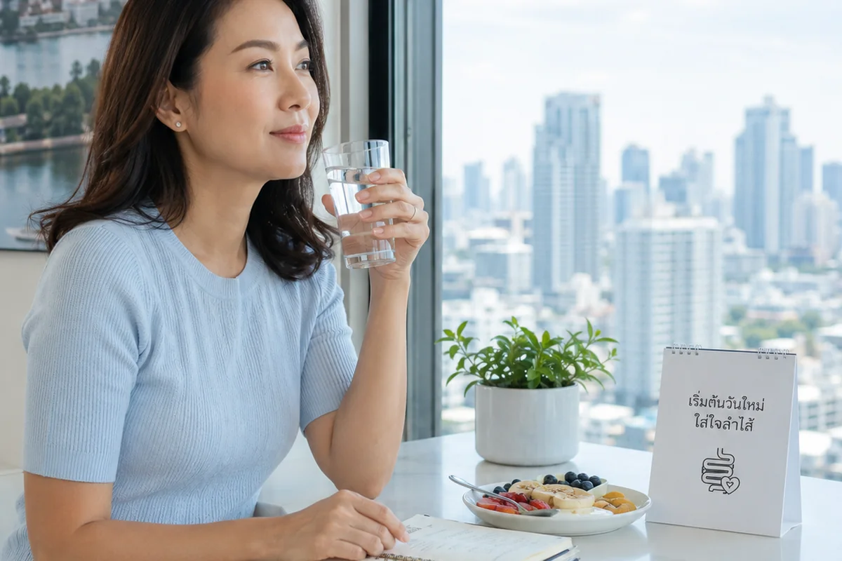 หญิงไทยเริ่มต้นวันใหม่ในเมืองและเตรียมติดต่อขอข้อมูล