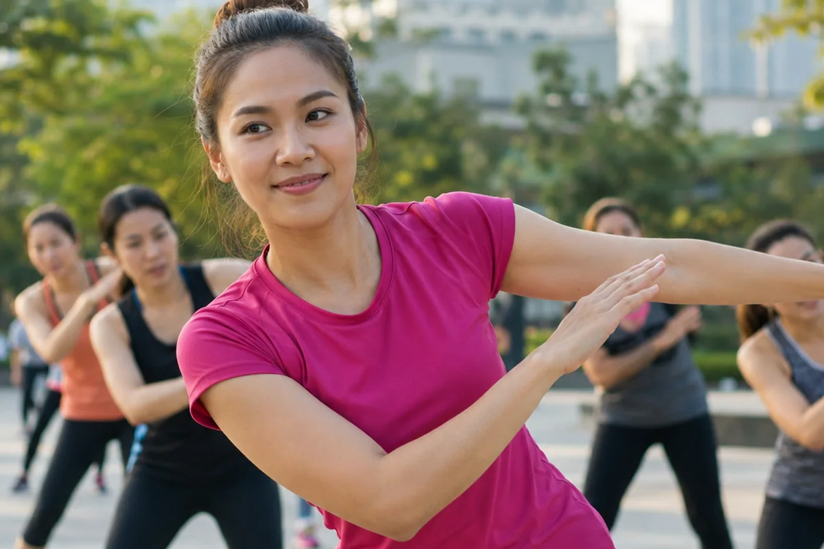 ผู้ใหญ่ชาวไทยขยับร่างกายกลางแจ้งเพื่อรักษากิจวัตร
